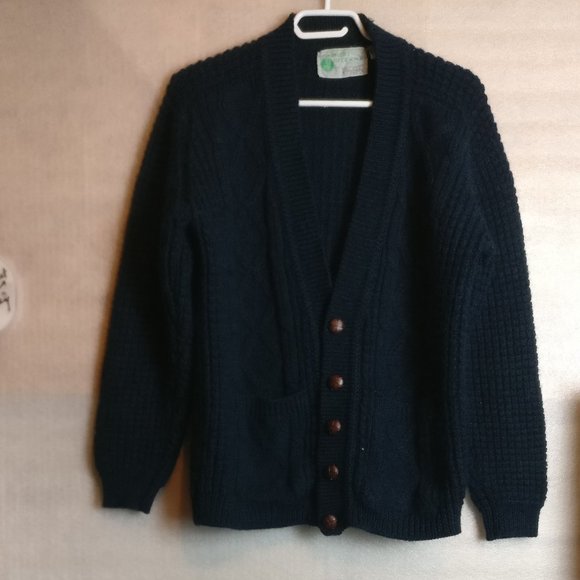 Handloomed in Ireland 100% Wool Chunky Coastal Cardigan Vintage Donegal GREEN - Picture 1 of 11